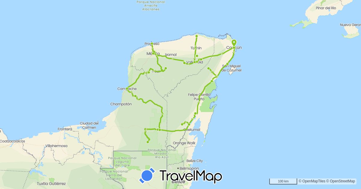 TravelMap itinerary: driving, electric vehicle in Mexico (North America)